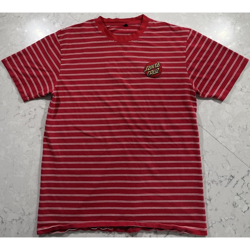 Santa Cruz Skateboards T-Shirt Mens Large Red White Striped Embroidered Logo Tee